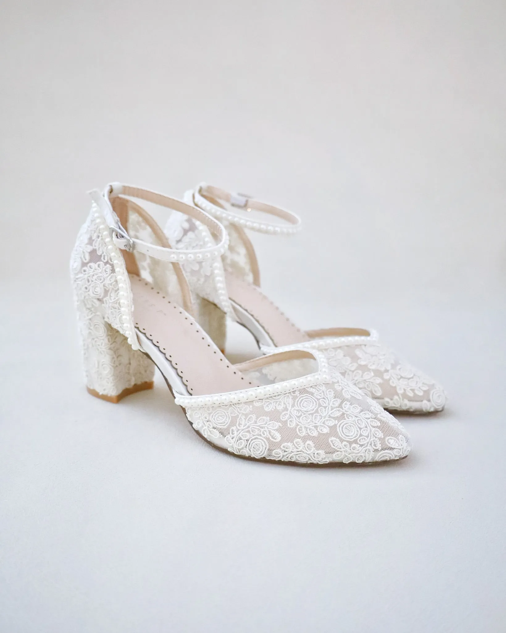 Bridal Lace Block Heel with Mini Pearls