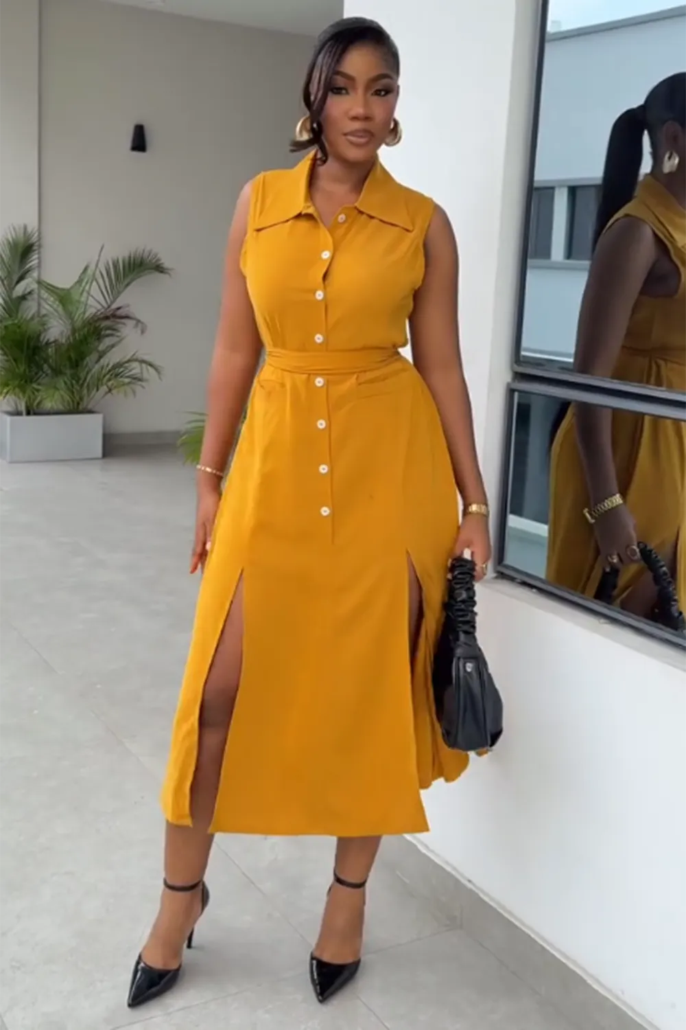 Button Up Slit Hem Sleeveless Daily Midi Shirt Dresses-Orange [Pre Order]