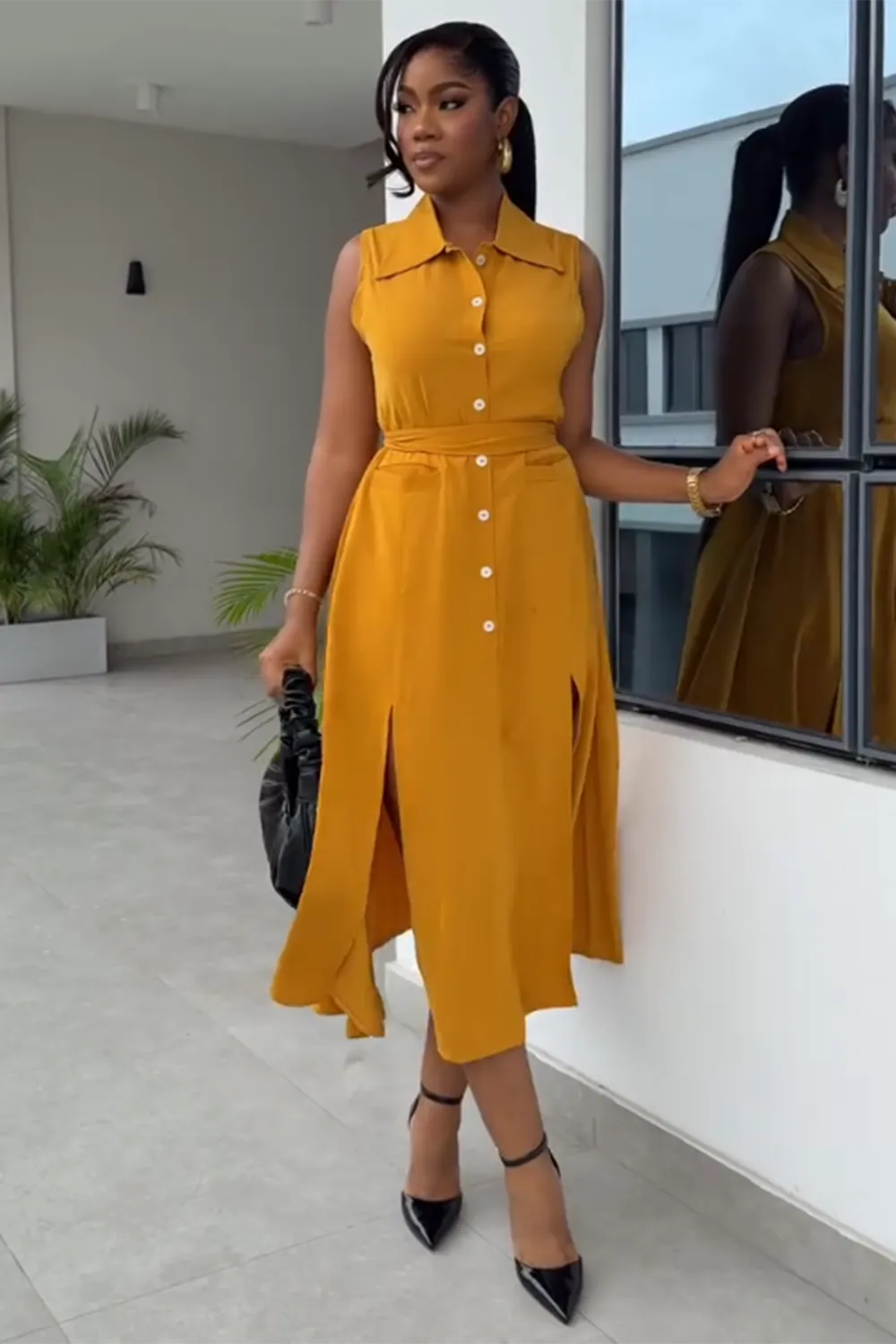 Button Up Slit Hem Sleeveless Daily Midi Shirt Dresses-Orange [Pre Order]