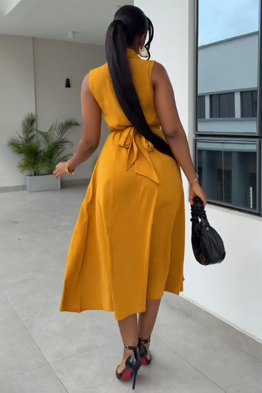 Button Up Slit Hem Sleeveless Daily Midi Shirt Dresses-Orange [Pre Order]