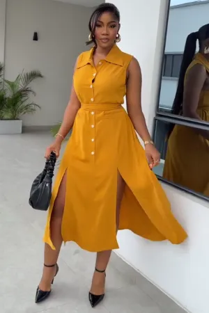 Button Up Slit Hem Sleeveless Daily Midi Shirt Dresses-Orange [Pre Order]