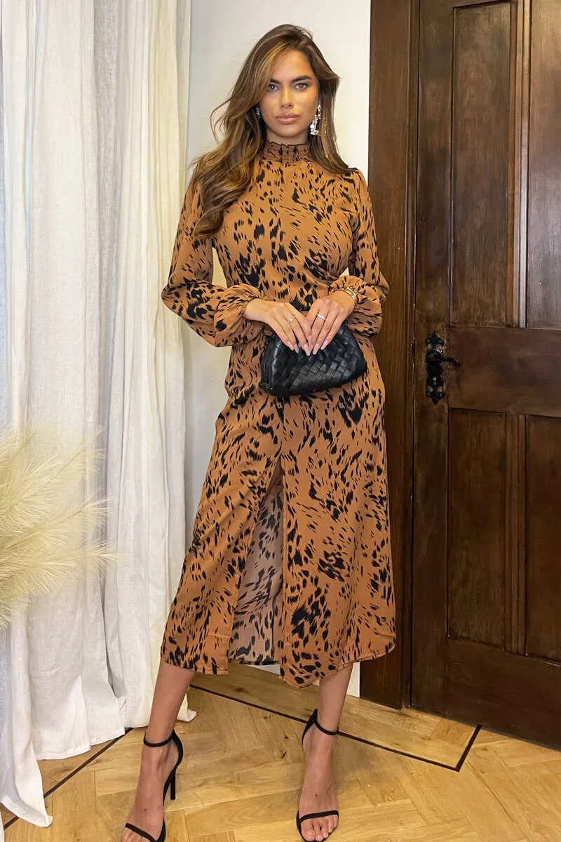 Camel Print High Neck Split Skirt Midi Dress