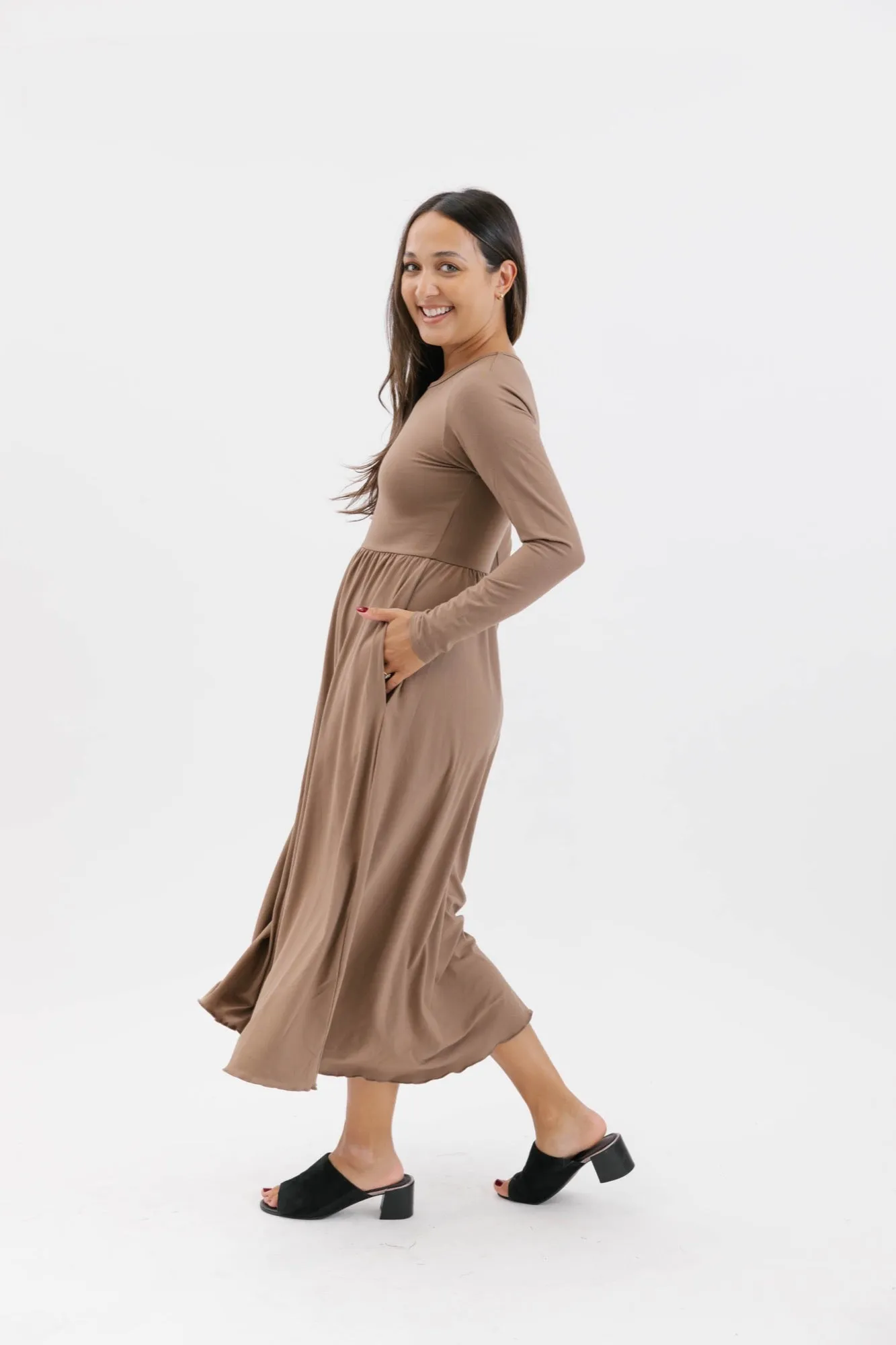 Camille Long Sleeve Dress in Cafe Au Yay