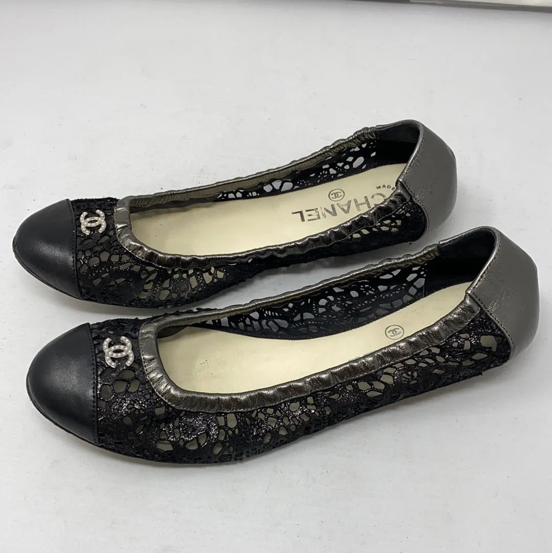 Chanel Black Lace Mesh and Leather Cap Toe Elastic Ballet Flat