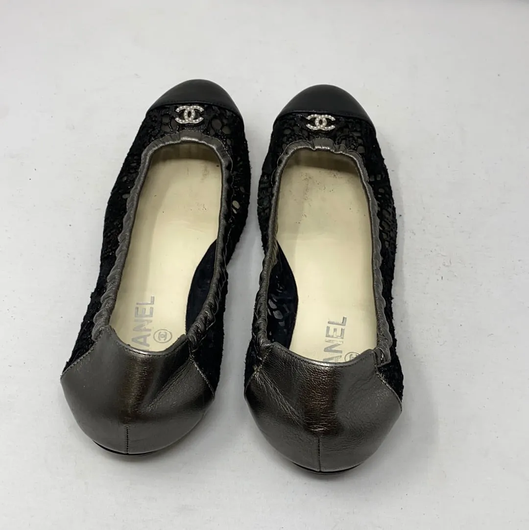 Chanel Black Lace Mesh and Leather Cap Toe Elastic Ballet Flat
