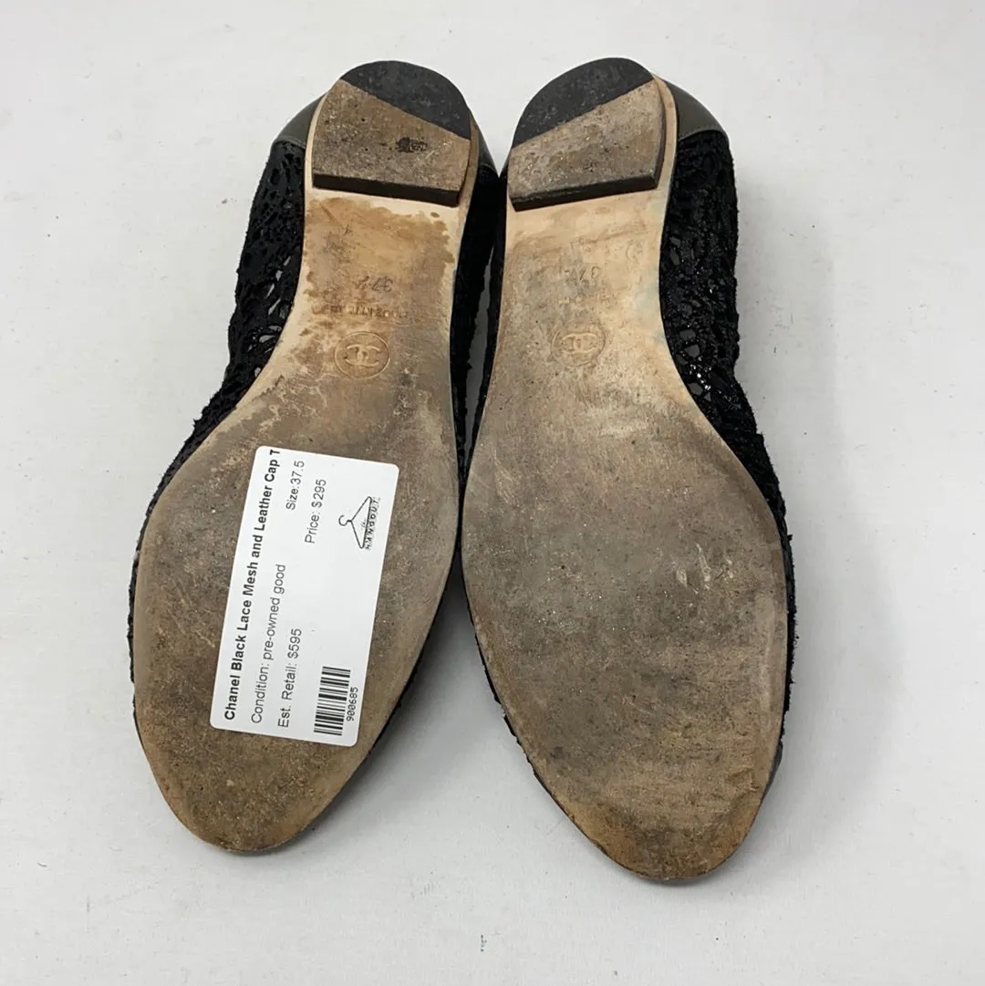 Chanel Black Lace Mesh and Leather Cap Toe Elastic Ballet Flat