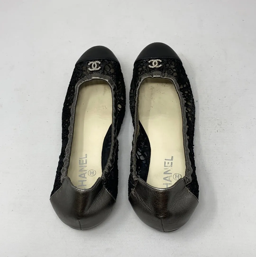 Chanel Black Lace Mesh and Leather Cap Toe Elastic Ballet Flat