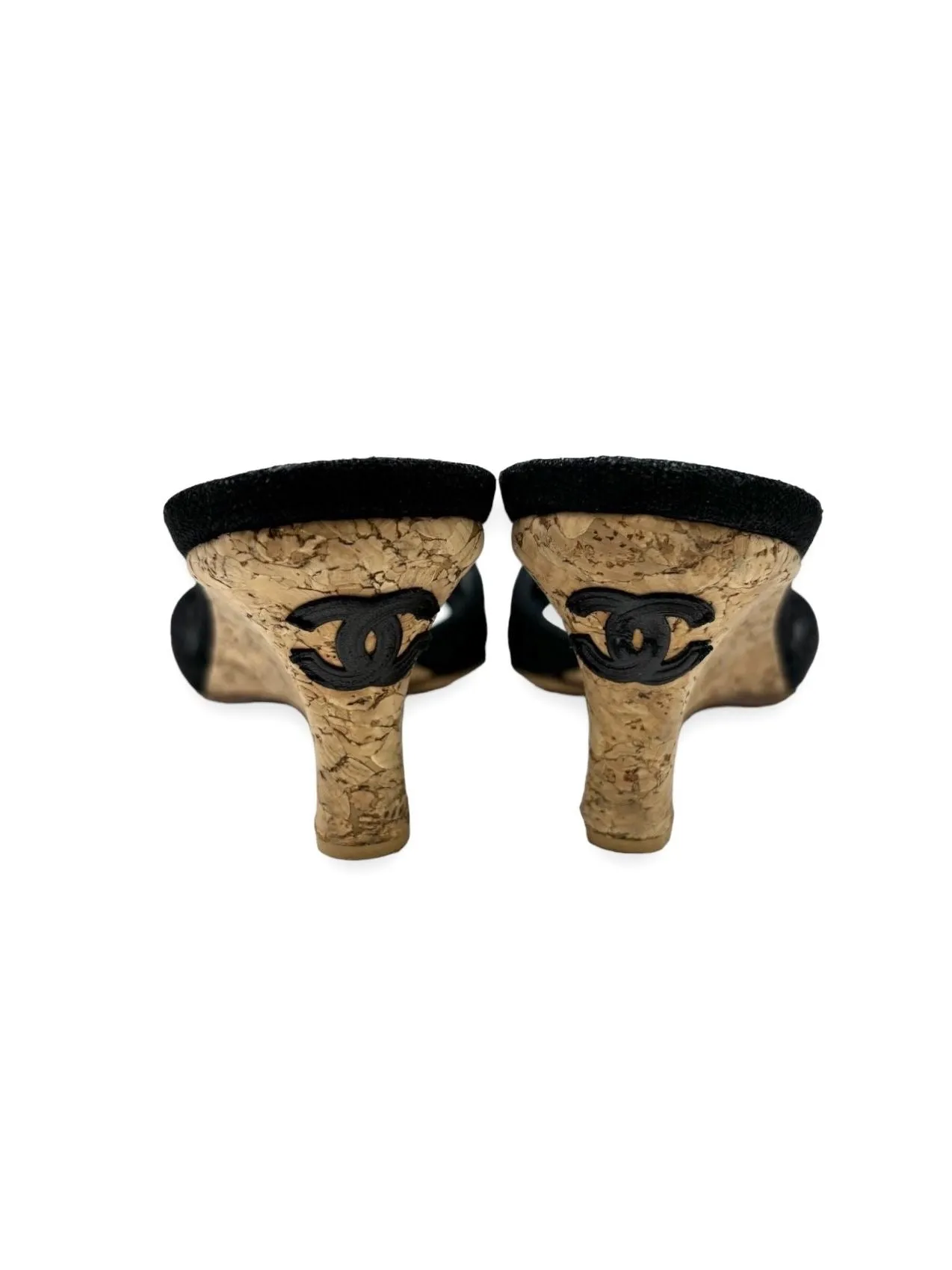 Chanel Black Logo Cork Wedge Heels