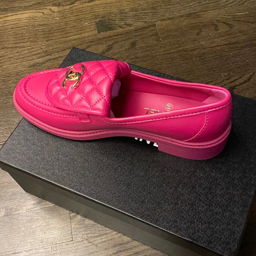 Chanel Fuschia Lambskin Quilted Silver Turnlock Loafer with Silver Hardware