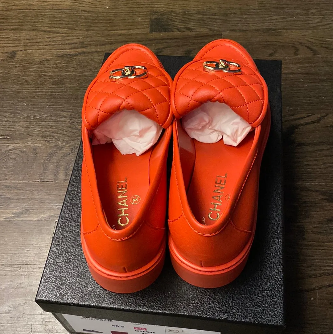 CHANEL Red Lambskin Quilted Turnlock CC Loafer