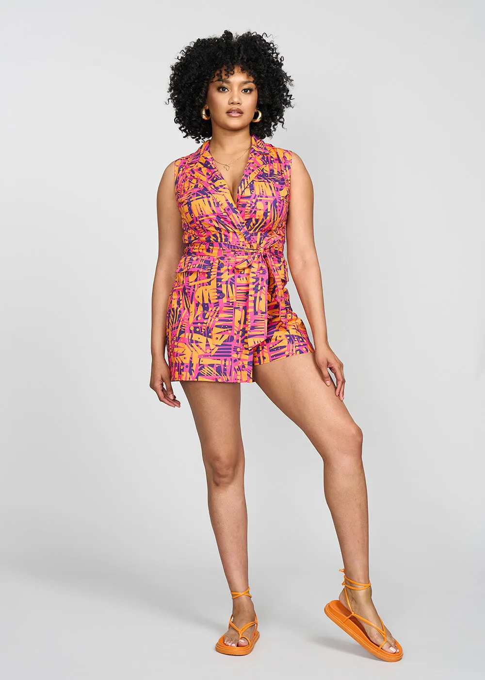 Chichima Women's African Print Blazer Romper (Orange Abstract Leaves)