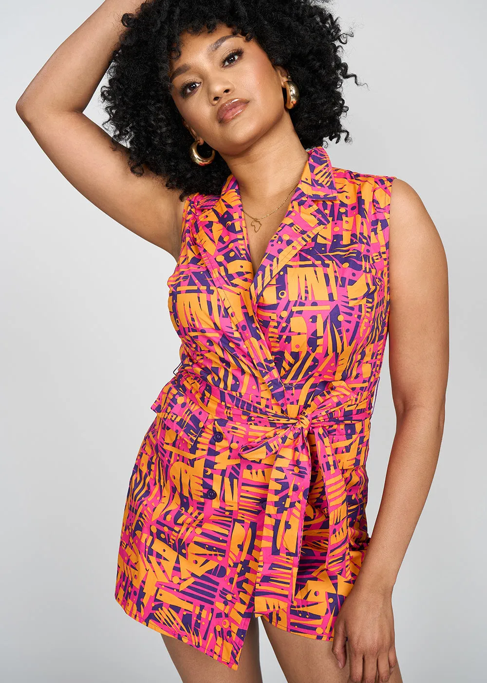 Chichima Women's African Print Blazer Romper (Orange Abstract Leaves)