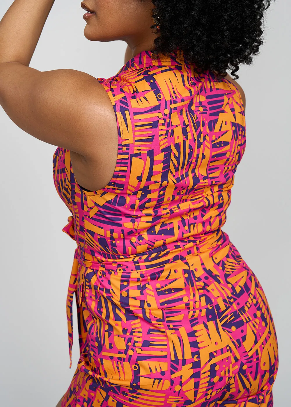 Chichima Women's African Print Blazer Romper (Orange Abstract Leaves)