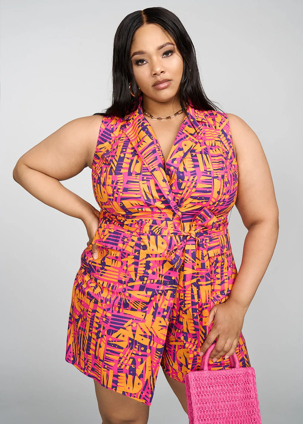 Chichima Women's African Print Blazer Romper (Orange Abstract Leaves)