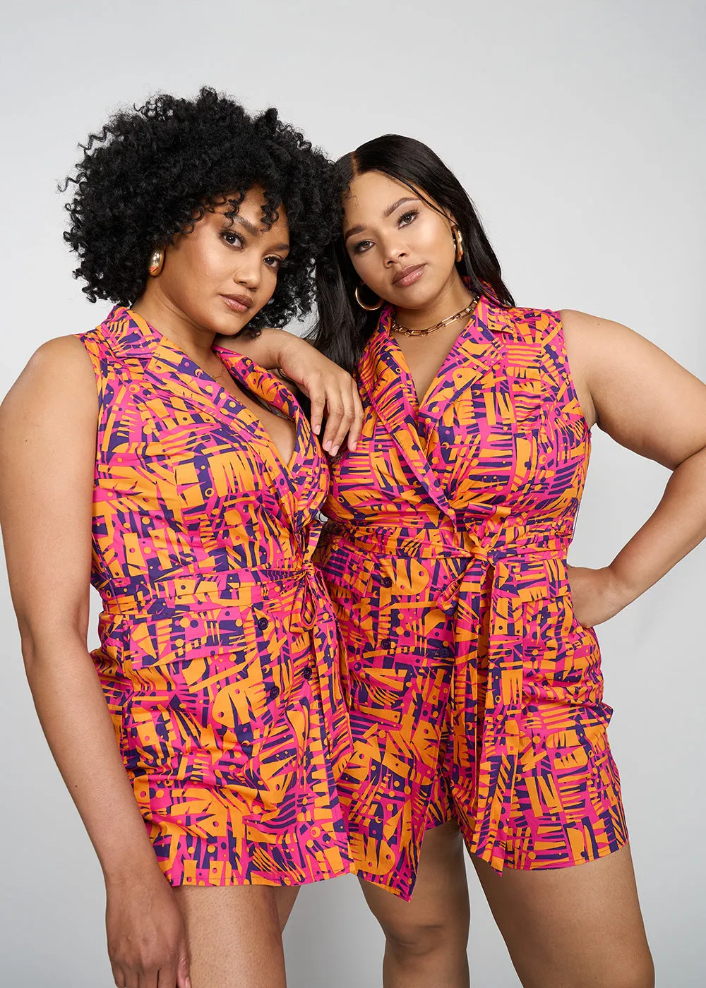 Chichima Women's African Print Blazer Romper (Orange Abstract Leaves)