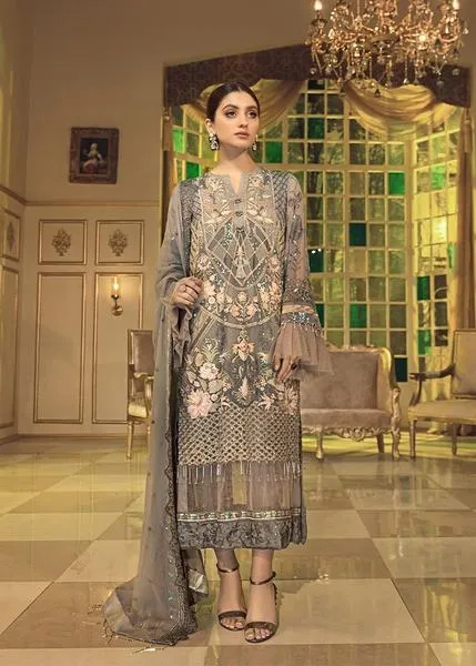 Chiffon embroidered designer outfit for eid in grey mist color # P2486