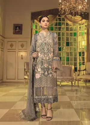 Chiffon embroidered designer outfit for eid in grey mist color # P2486