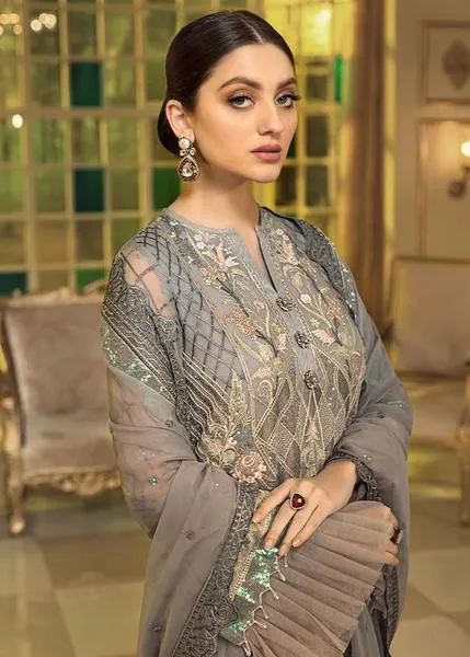 Chiffon embroidered designer outfit for eid in grey mist color # P2486