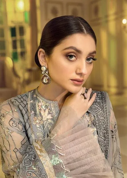 Chiffon embroidered designer outfit for eid in grey mist color # P2486