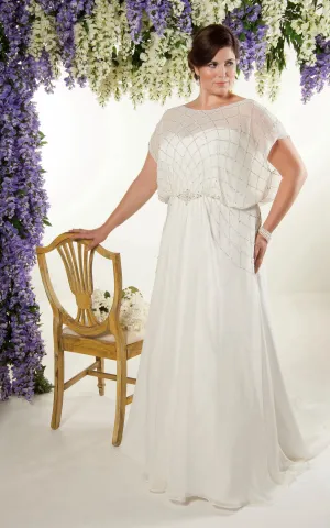 Chiffon Short-Sleeve Sheath Dress With Beading And Sweep Train-708444