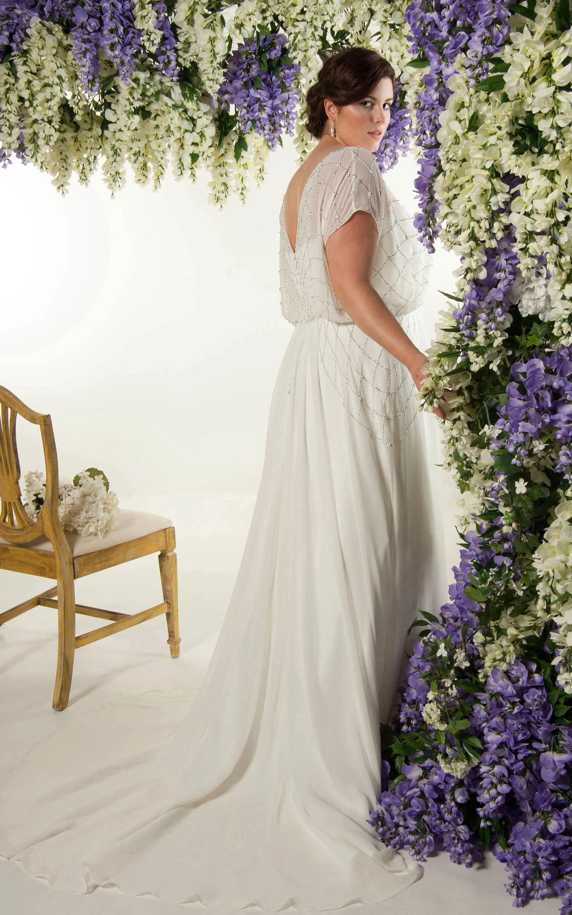 Chiffon Short-Sleeve Sheath Dress With Beading And Sweep Train-708444