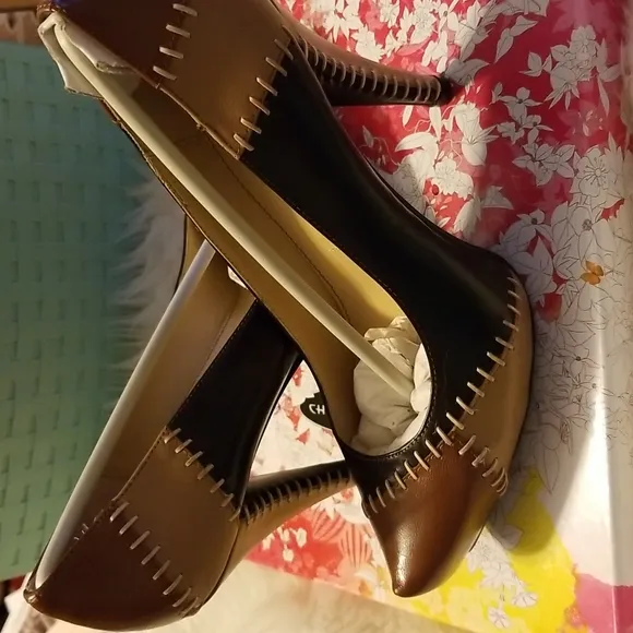 👣CHINESE LAUNDRY🇺🇲 Leather comfort Fit Brown Patchwork Heels footwear in