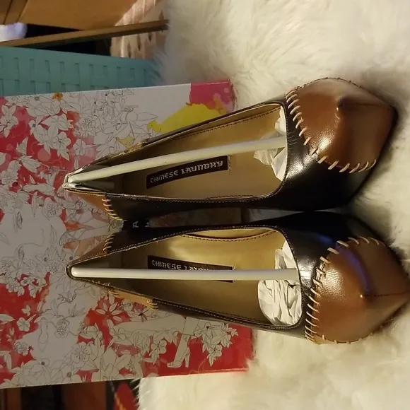 👣CHINESE LAUNDRY🇺🇲 Leather comfort Fit Brown Patchwork Heels footwear in
