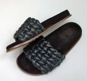 Chloé Kacey Braided Woven Leather Footbed Slides in Black Leather Sandals Flats