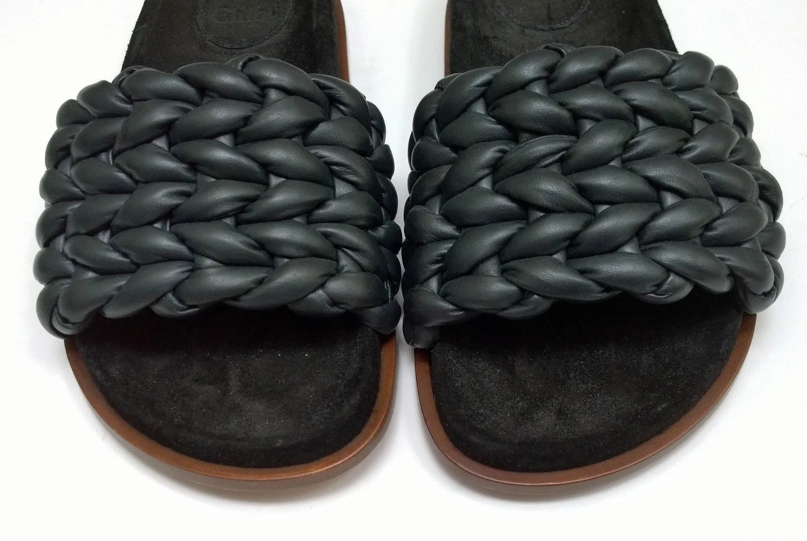 Chloé Kacey Braided Woven Leather Footbed Slides in Black Leather Sandals Flats