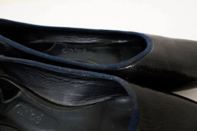 Chloe Ballet Flats Black/Navy Grosgrain-Trim Patent Leather Size 37