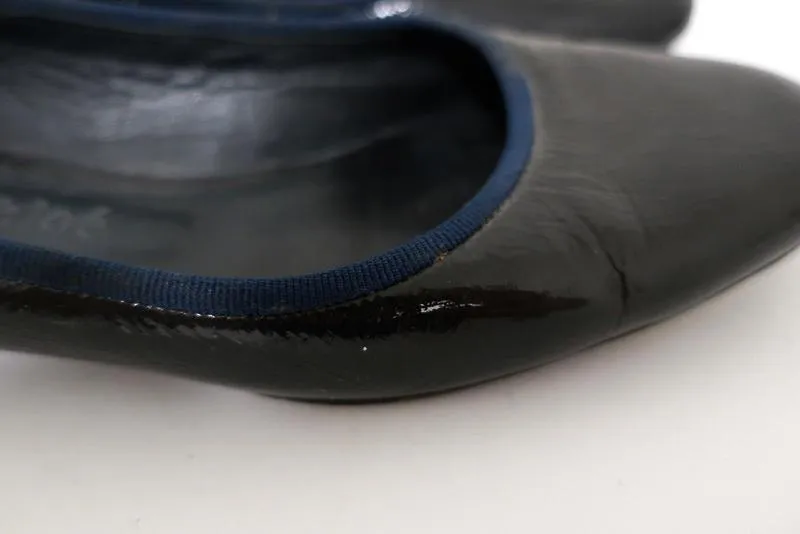 Chloe Ballet Flats Black/Navy Grosgrain-Trim Patent Leather Size 37
