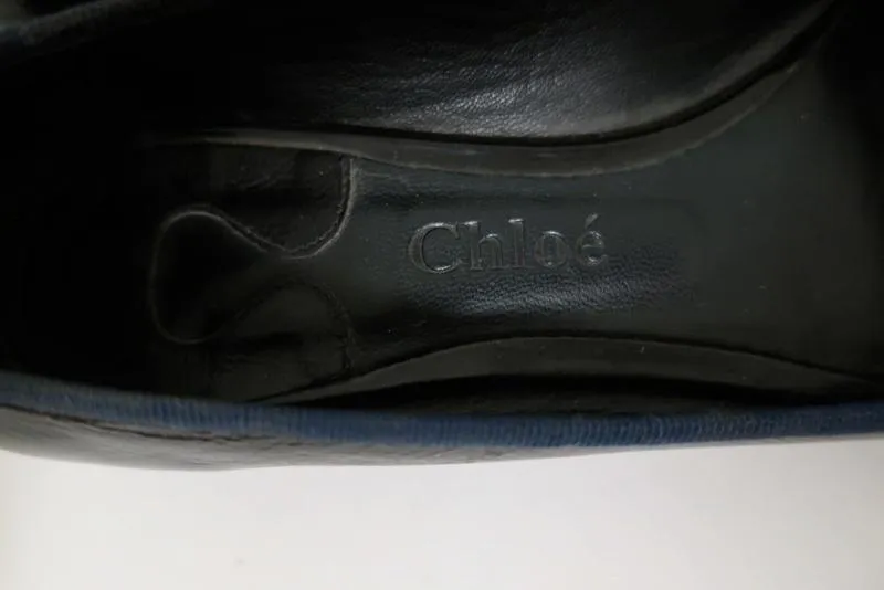 Chloe Ballet Flats Black/Navy Grosgrain-Trim Patent Leather Size 37