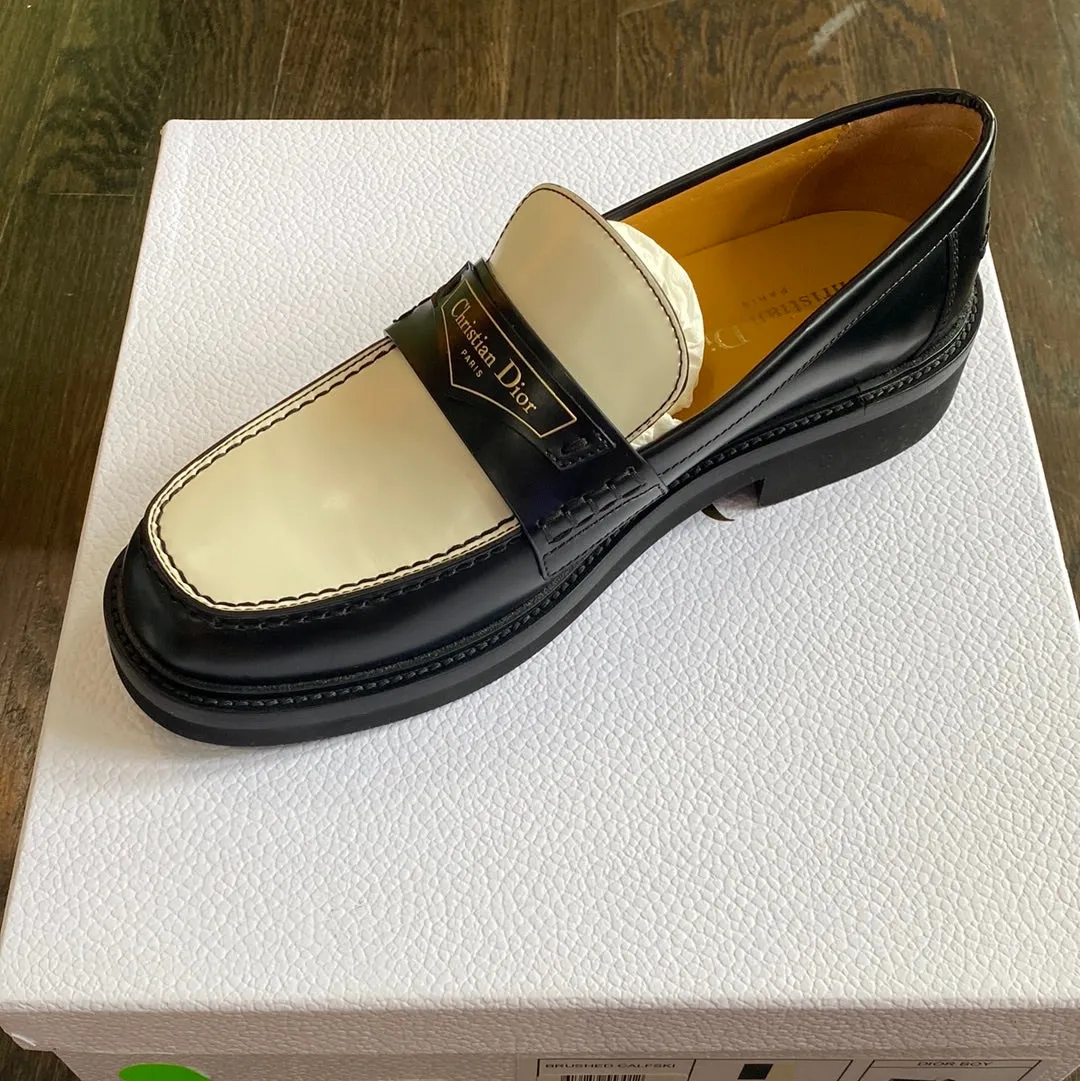 Christian Dior Brushed Calfskin Black and White Flat Dior Boy Loafer