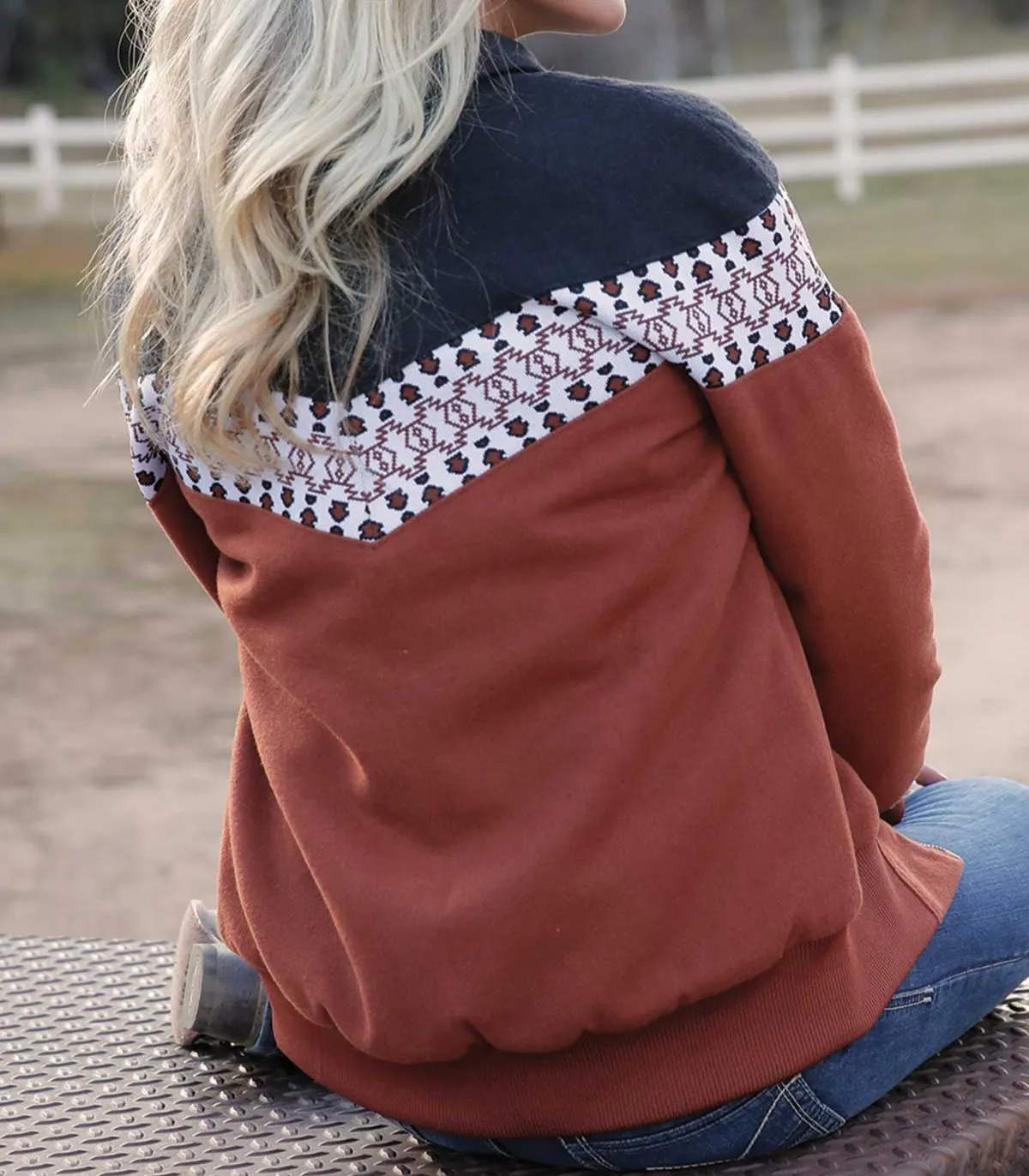 Cinch Women's Jacket - Brown Bomber with Black Top & Patterned Wide Stripe