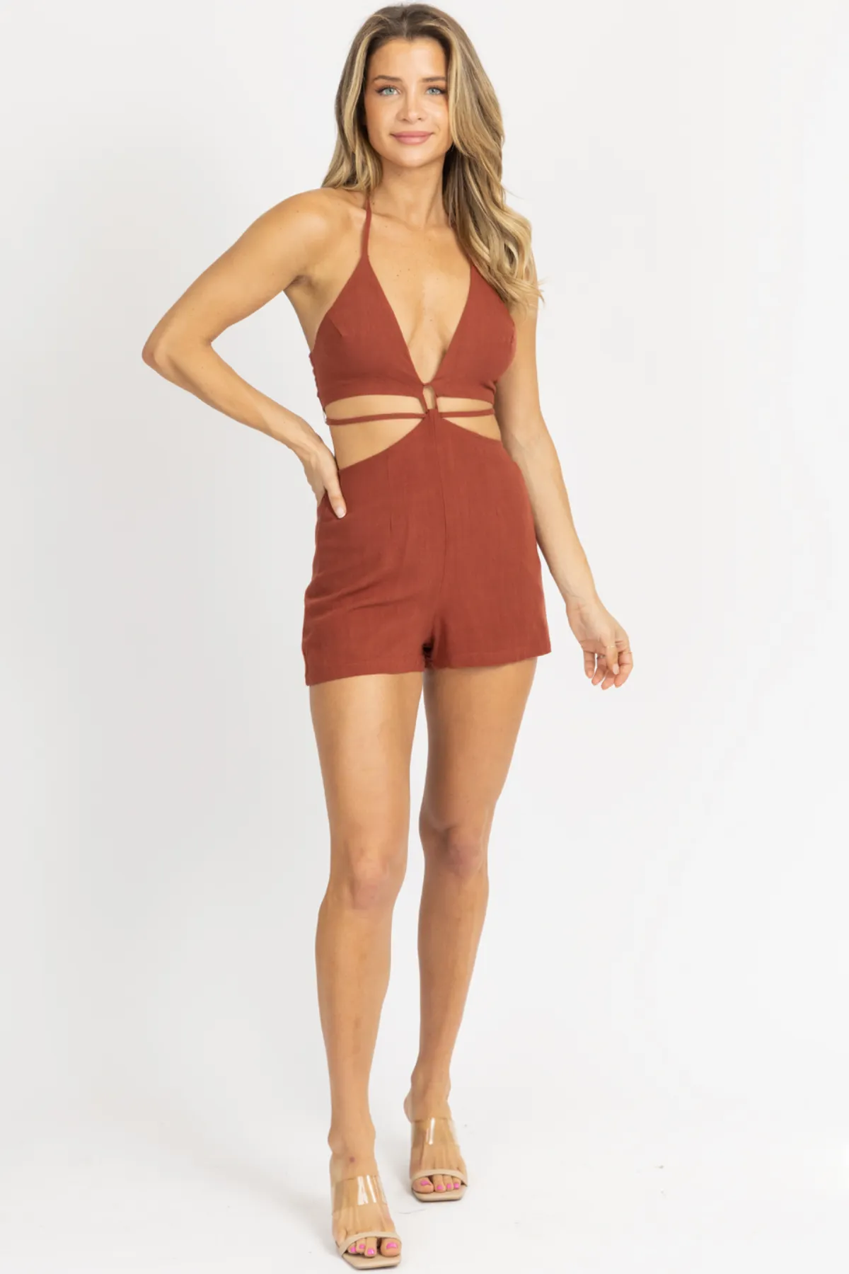CINNAMON MULTI-WAY CUTOUT TIE BACK ROMPER