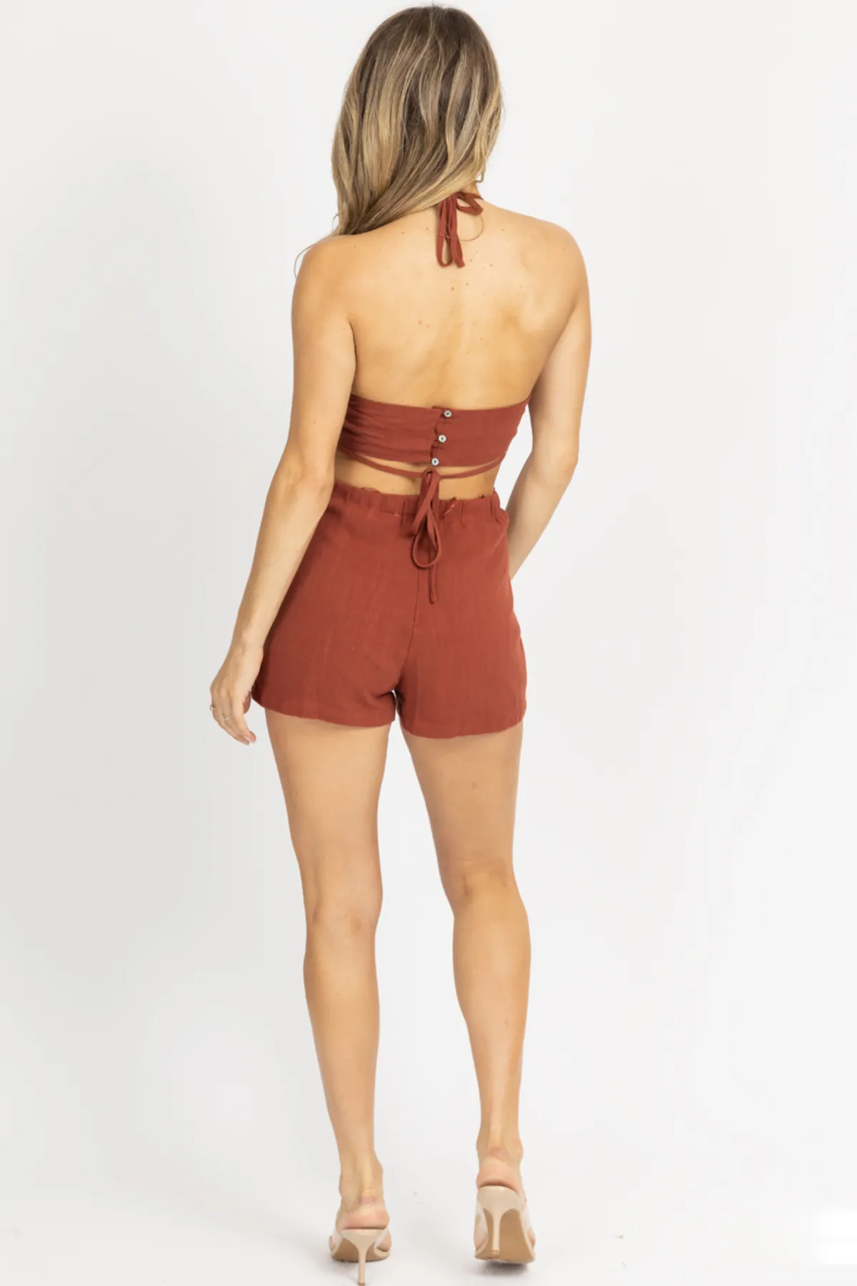CINNAMON MULTI-WAY CUTOUT TIE BACK ROMPER