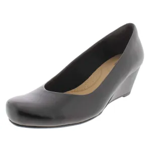 Clarks womens Flores Tulip Wedge Pump, Black Leather, 8.5 US