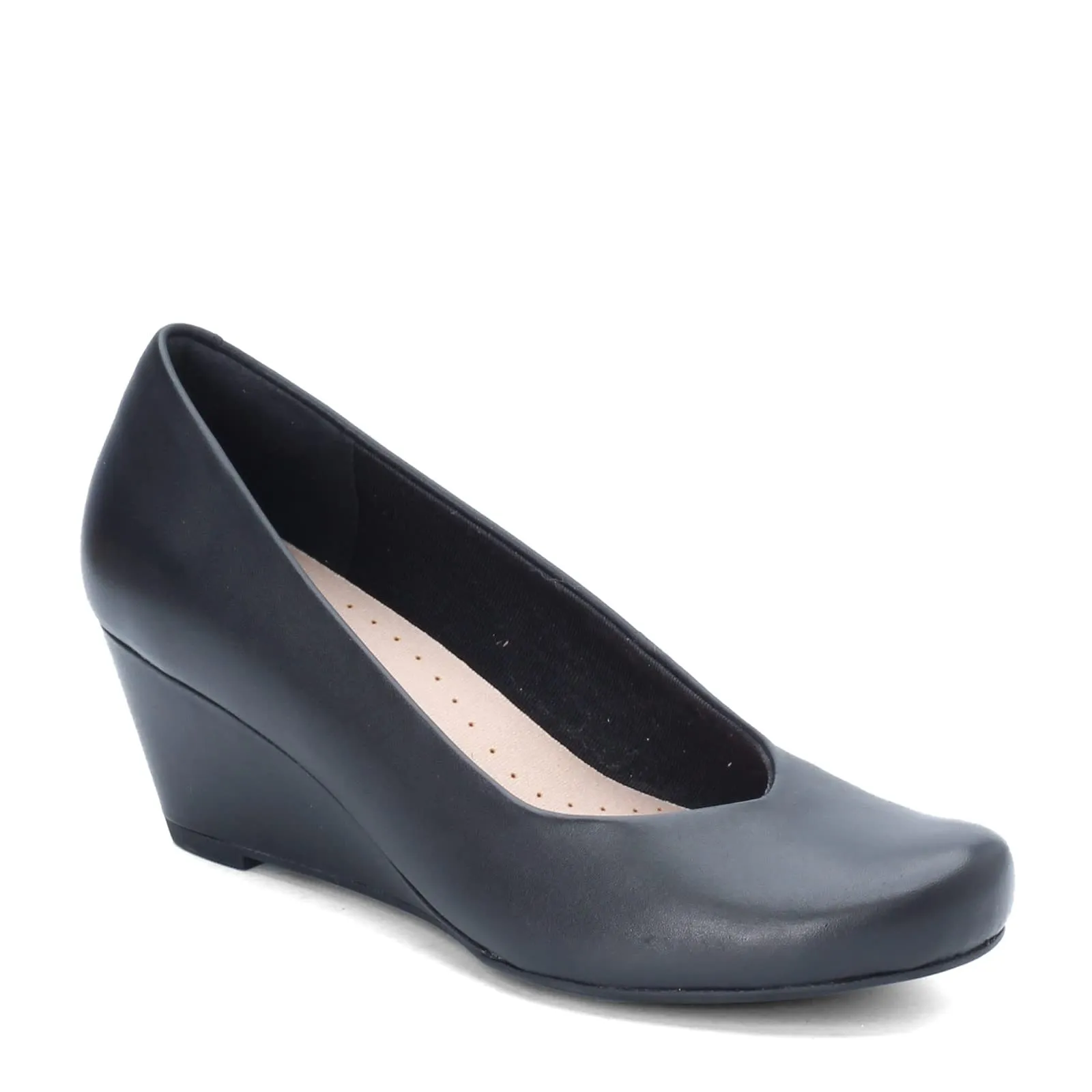 Clarks womens Flores Tulip Wedge Pump, Black Leather, 8.5 US