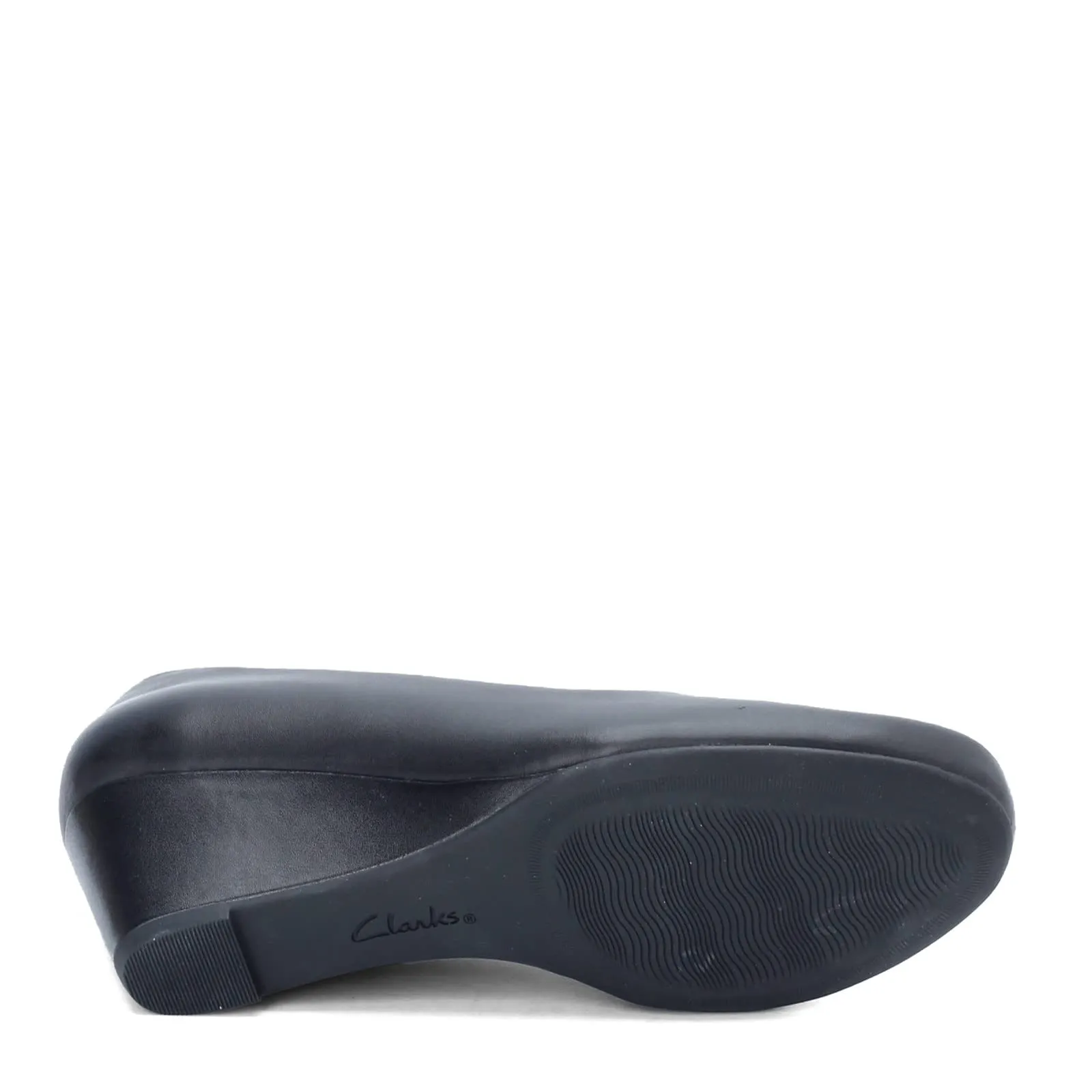 Clarks womens Flores Tulip Wedge Pump, Black Leather, 8.5 US