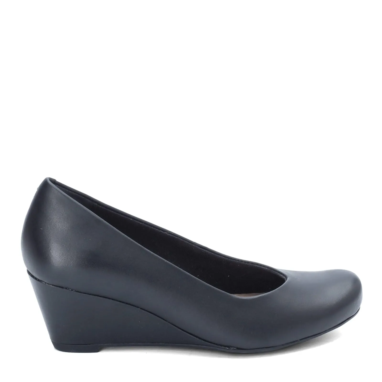 Clarks womens Flores Tulip Wedge Pump, Black Leather, 8.5 US