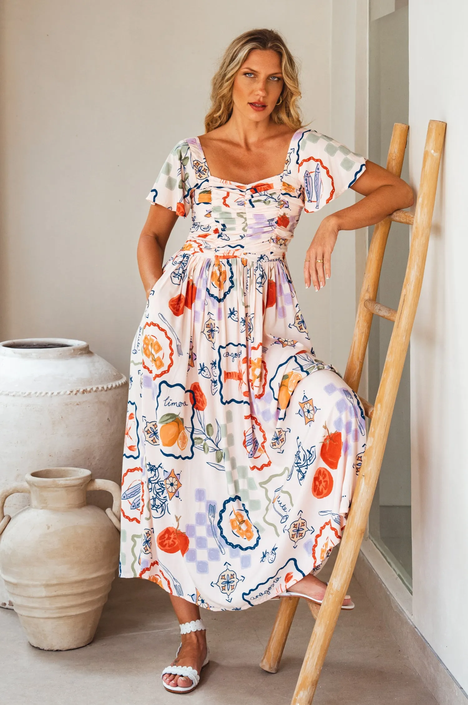 Clemente Gathered Midi Dress