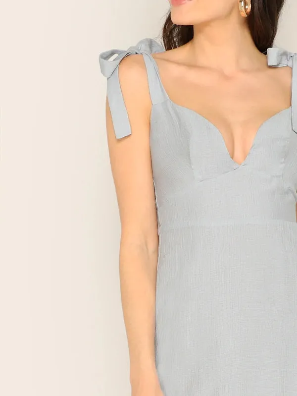 CM-DS220625 Women Elegant Seoul Style Knotted Strap Ruffle Hem Zip Back Dress - Gray