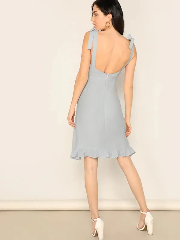 CM-DS220625 Women Elegant Seoul Style Knotted Strap Ruffle Hem Zip Back Dress - Gray