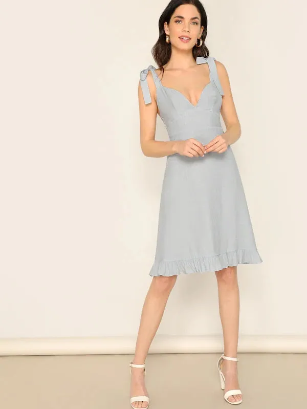 CM-DS220625 Women Elegant Seoul Style Knotted Strap Ruffle Hem Zip Back Dress - Gray