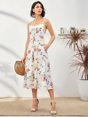 CM-DS325409 Women Trendy Bohemian Style Sleeveless Floral Print Half Button Cami Dress - White