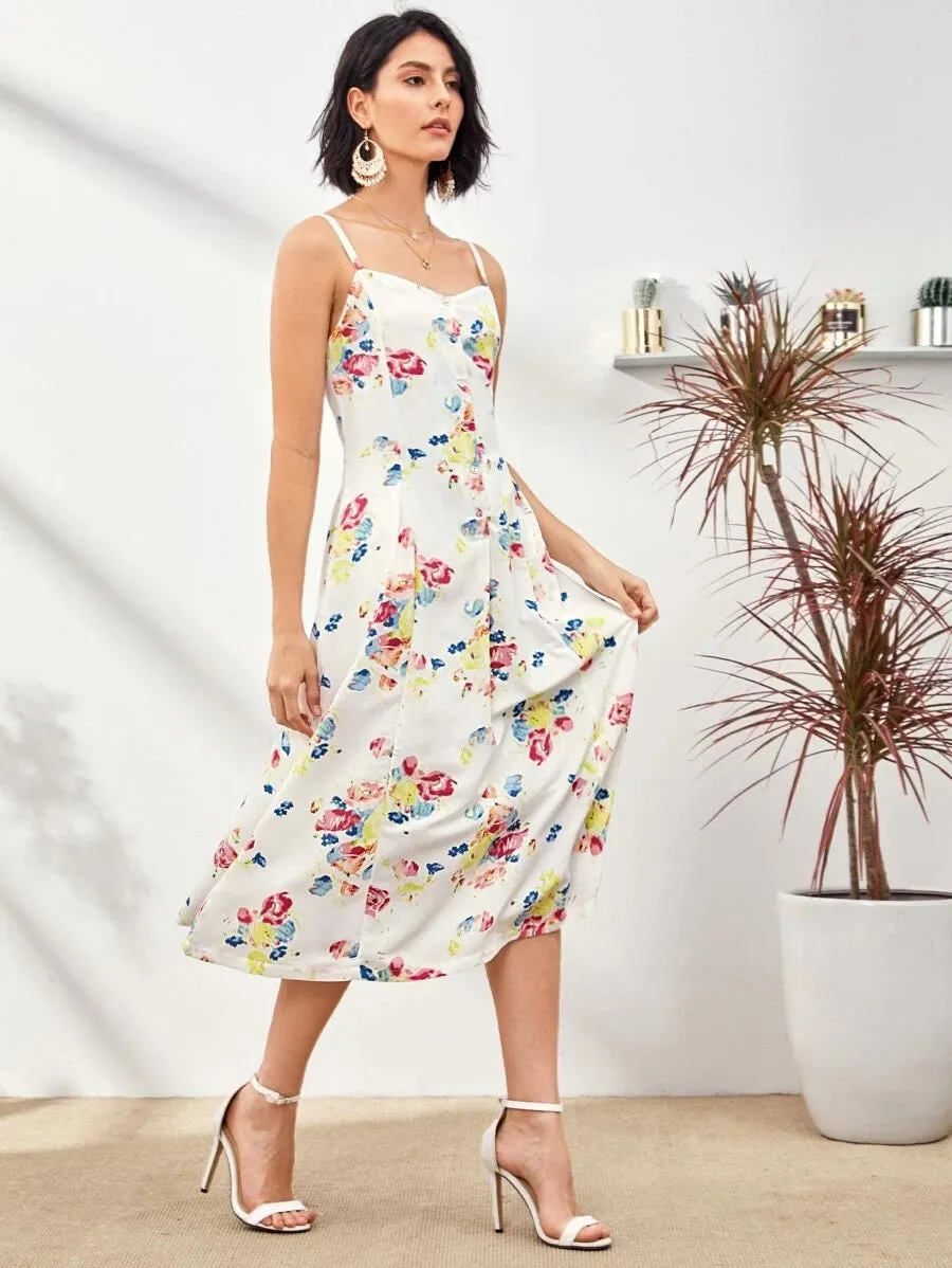 CM-DS325409 Women Trendy Bohemian Style Sleeveless Floral Print Half Button Cami Dress - White