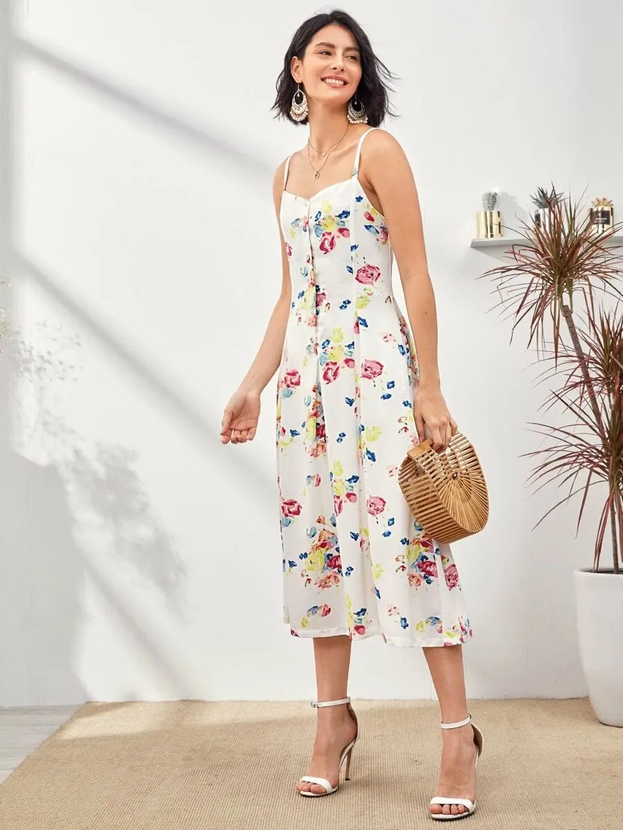 CM-DS325409 Women Trendy Bohemian Style Sleeveless Floral Print Half Button Cami Dress - White