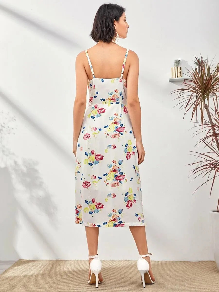 CM-DS325409 Women Trendy Bohemian Style Sleeveless Floral Print Half Button Cami Dress - White