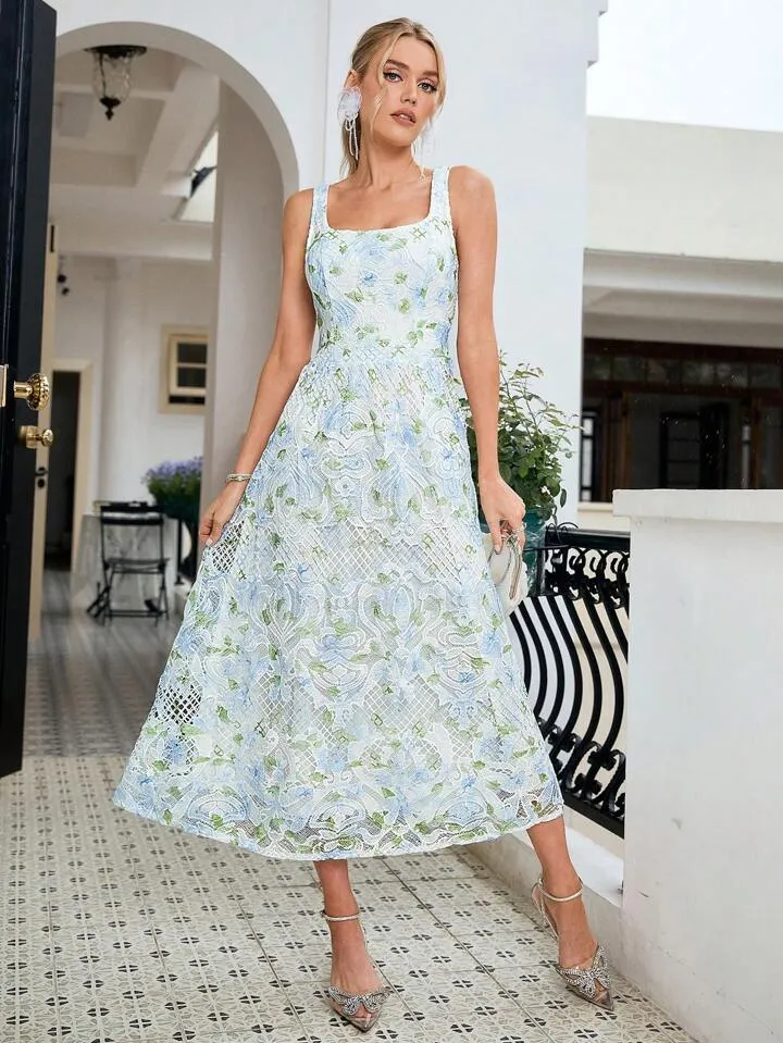 CM-DS452282 Women Elegant Seoul Style Straps Neckline Lace Printed Sleeveless Dress - Blue