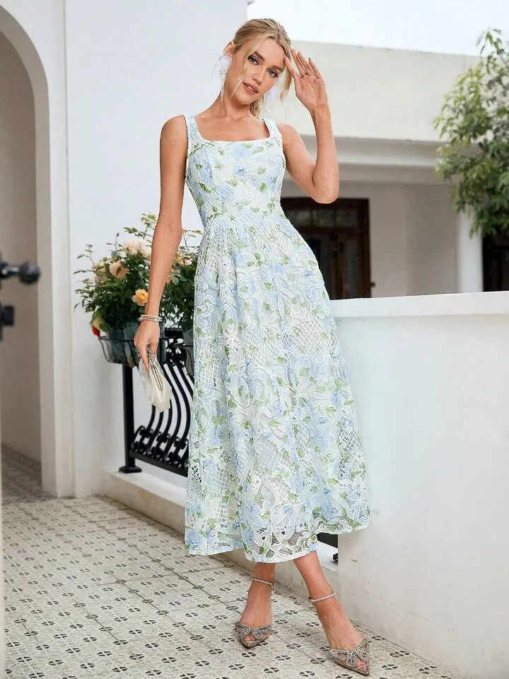 CM-DS452282 Women Elegant Seoul Style Straps Neckline Lace Printed Sleeveless Dress - Blue